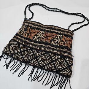 Vintage Black Brown Beautifully Detailed Beaded Purse Evening Bag READ